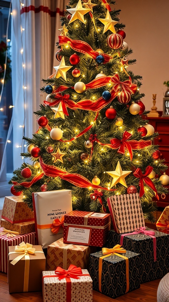 A cozy Christmas setting with a tree and unique gift ideas like personalized items and subscription boxes.